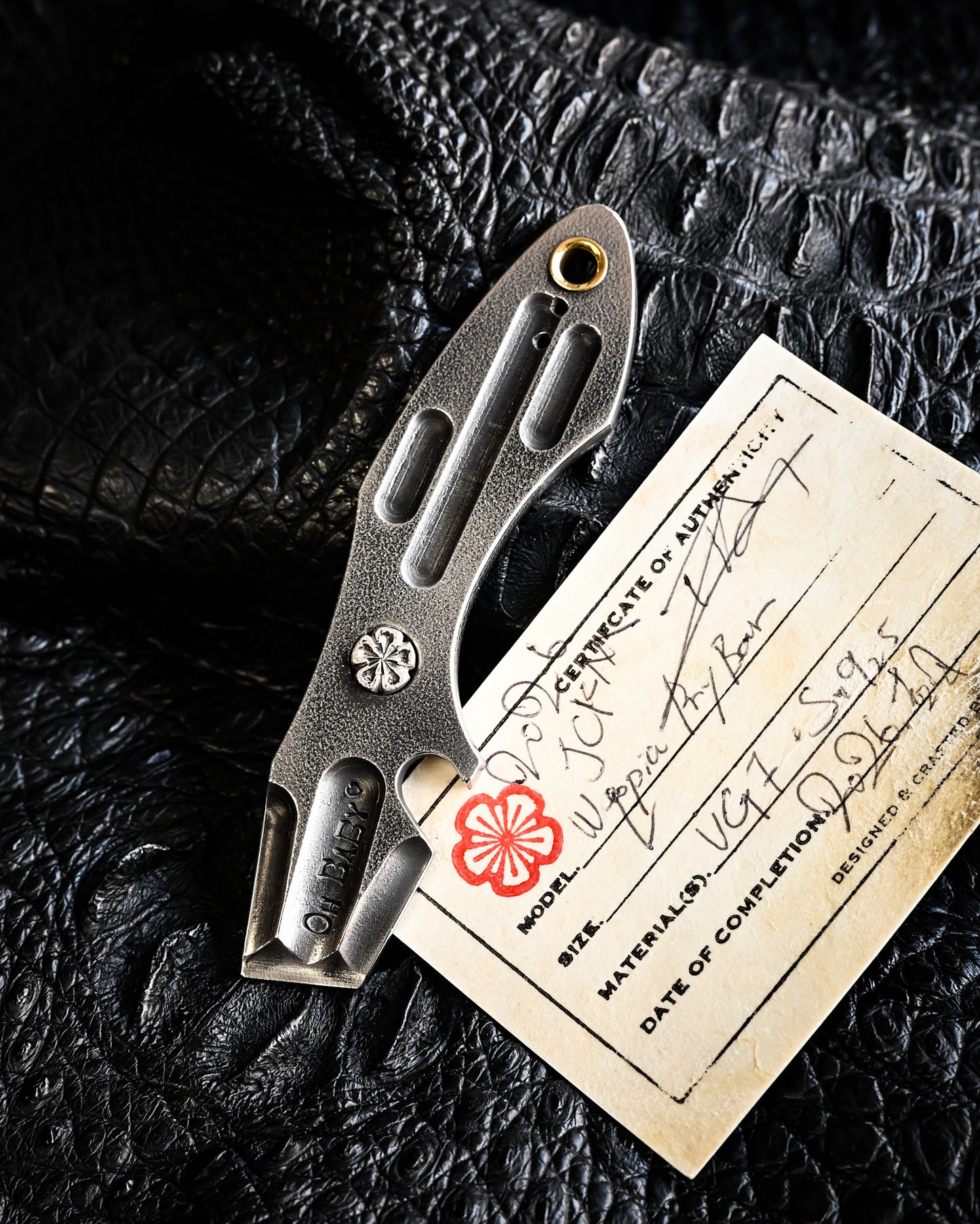 Made in Japan Wtopia One-Off VG7 Laminated Steel EDC Pry Bar / Bottle Opener with Silver Apricot Blossom Inlay and “OH BABY” Stamp