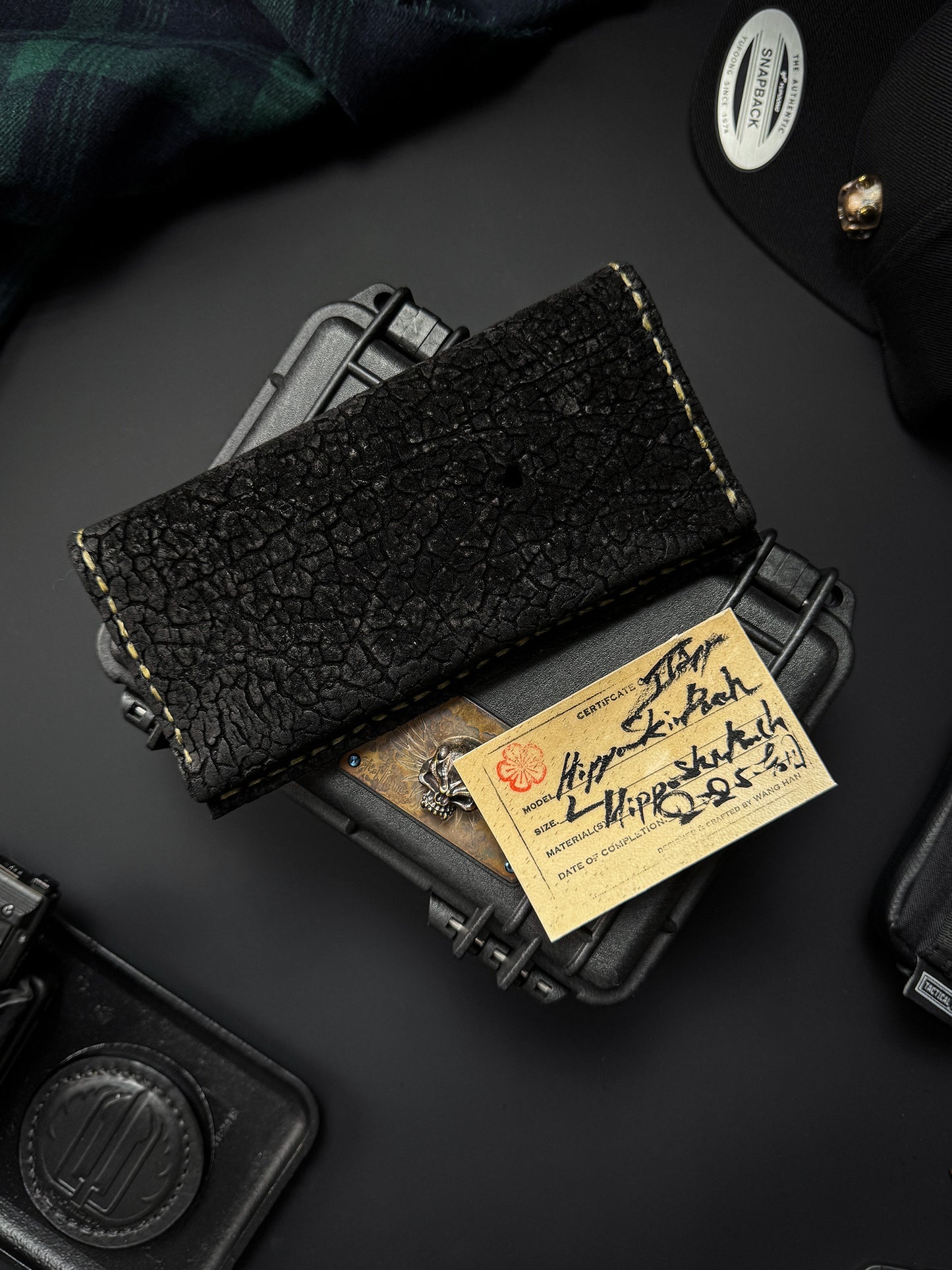 Wtopia Handmade Knife Pouch – Black Hikaku Leather|One-Off Japanese Made with Dual Skull + Apricot Blossom Snaps|Fits Strider XL / SMF