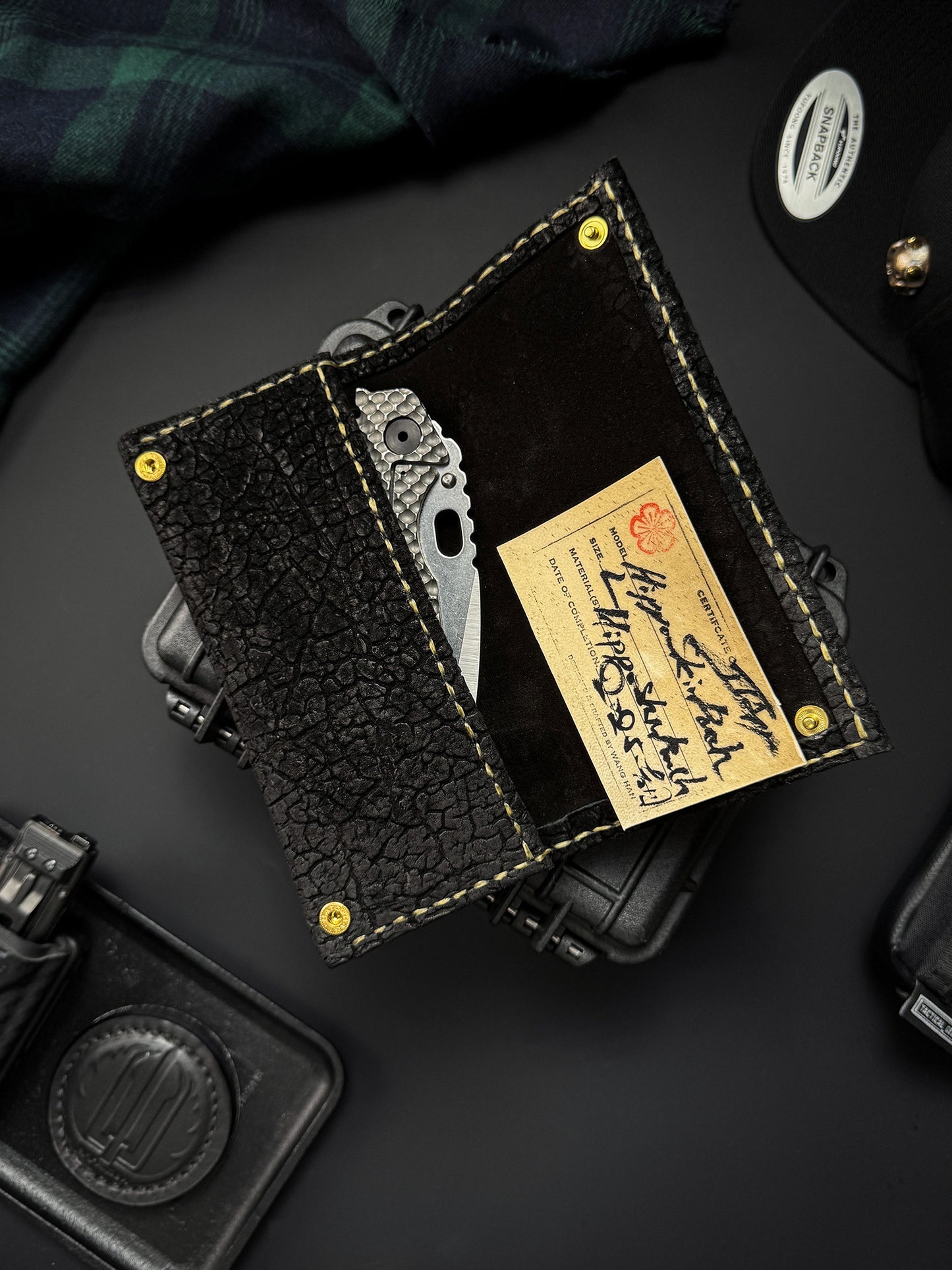 Wtopia Handmade Knife Pouch – Black Hikaku Leather|One-Off Japanese Made with Dual Skull + Apricot Blossom Snaps|Fits Strider XL / SMF