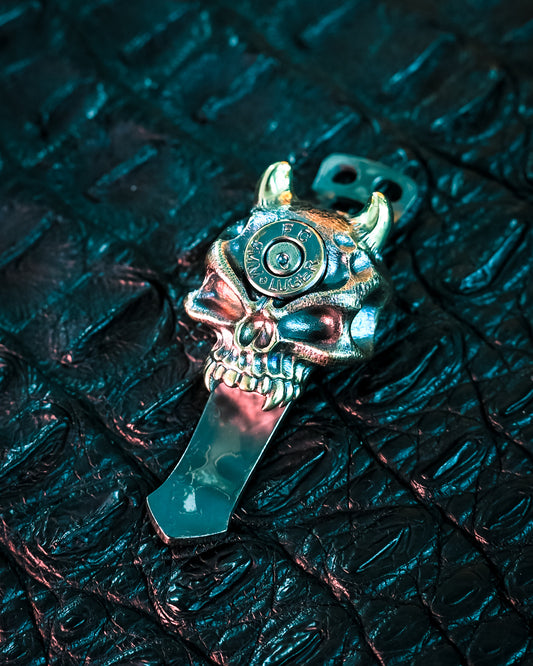 Steel Flame XL Bronze Warrior Demon Skull Pocket Clip – 9mm Luger Casing Inlay