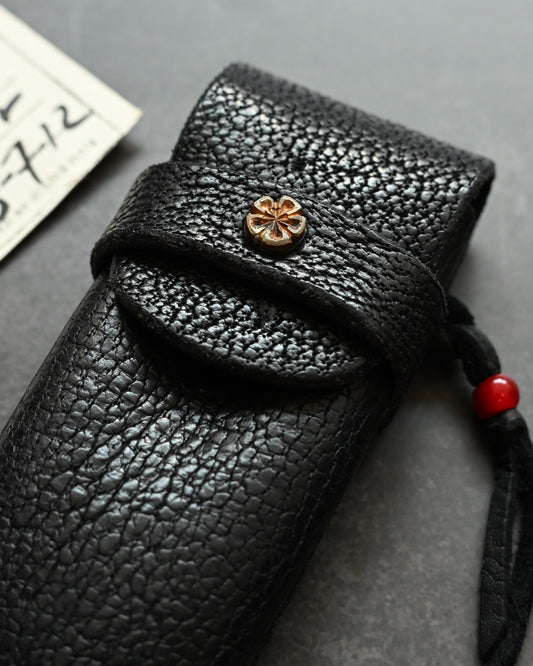 Wtopia Handmade Knife/Tool/Flashlight Pouch|Japanese Bear Leather with Bronze Cherry Blossom Inlay|Includes Pendant & Hand-Signed Birth Card