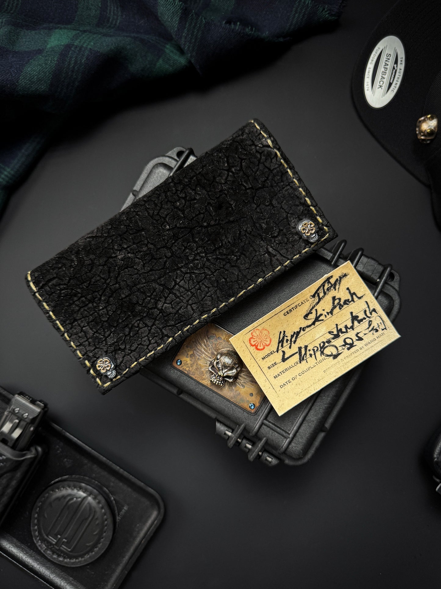 Wtopia Handmade Knife Pouch – Black Hikaku Leather|One-Off Japanese Made with Dual Skull + Apricot Blossom Snaps|Fits Strider XL / SMF