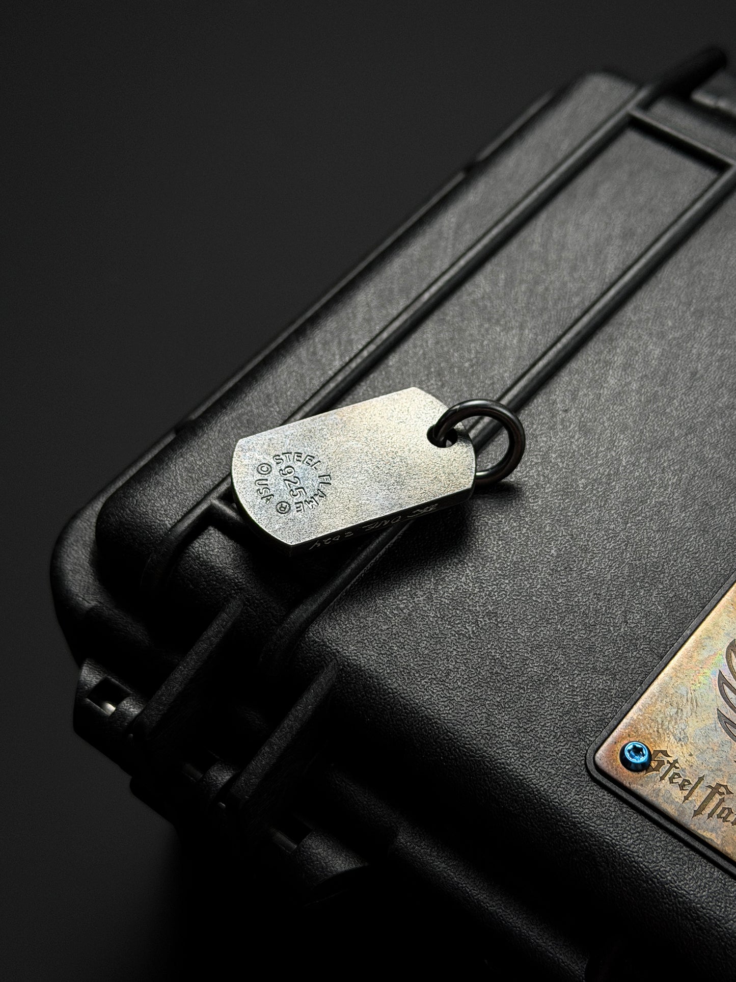 Steel Flame Sakura Pattern Dark Skull TAG Pendant — One Signature Edition | 925 Sterling Silver Base × Dark Skull × Blue Faceted Gem Eyes | Collector-Grade EDC Art