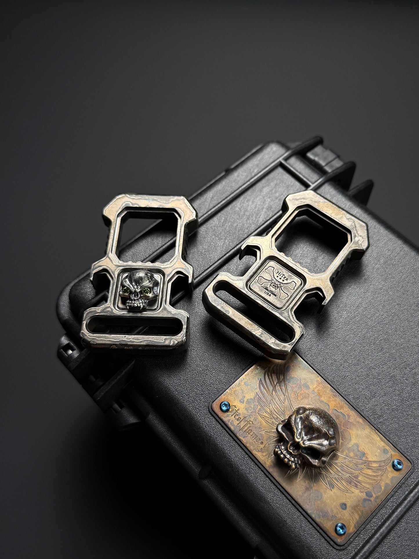 Steel Flame × HiTex Collaboration D-Ring Bottle Opener — Stainless Steel Body × 925 Silver Warrior Skull Inlay | Green Gemstone Eyes | Heavyweight EDC Art Tool