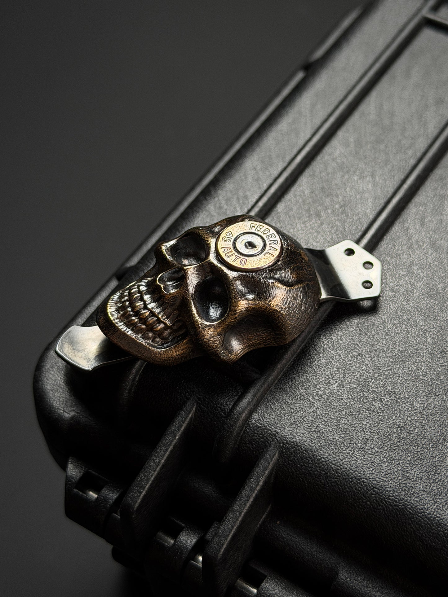 Steel Flame レア XXXL ダークスカル ブロンズ 45Aインレイ 3ホールポケットクリップ