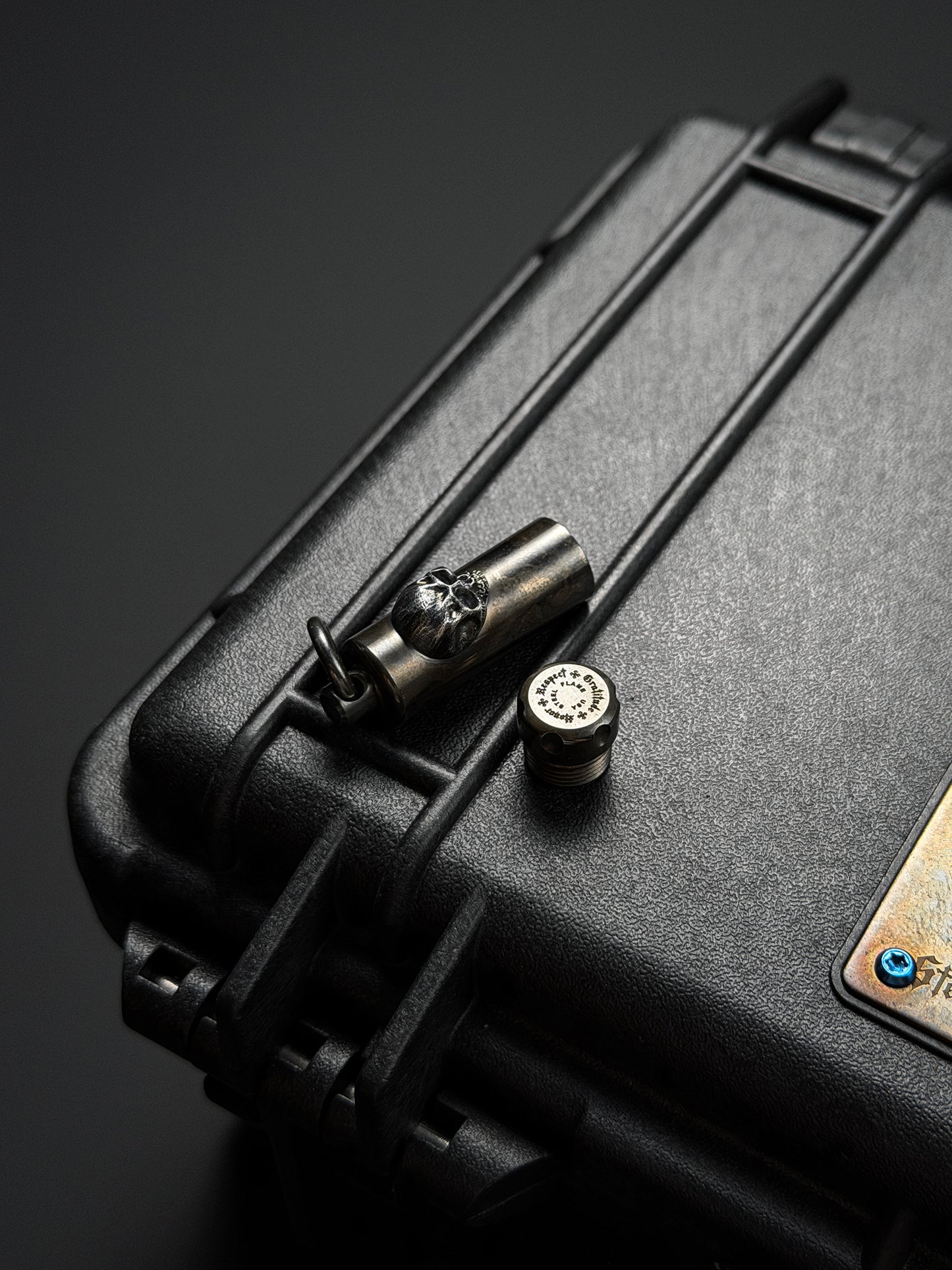 Steel Flame Waterproof Capsule / Pill Chamber Pendant | Stainless-Steel Body with Inlaid 925 Silver Warrior Skull | Bottom Logo Engraving