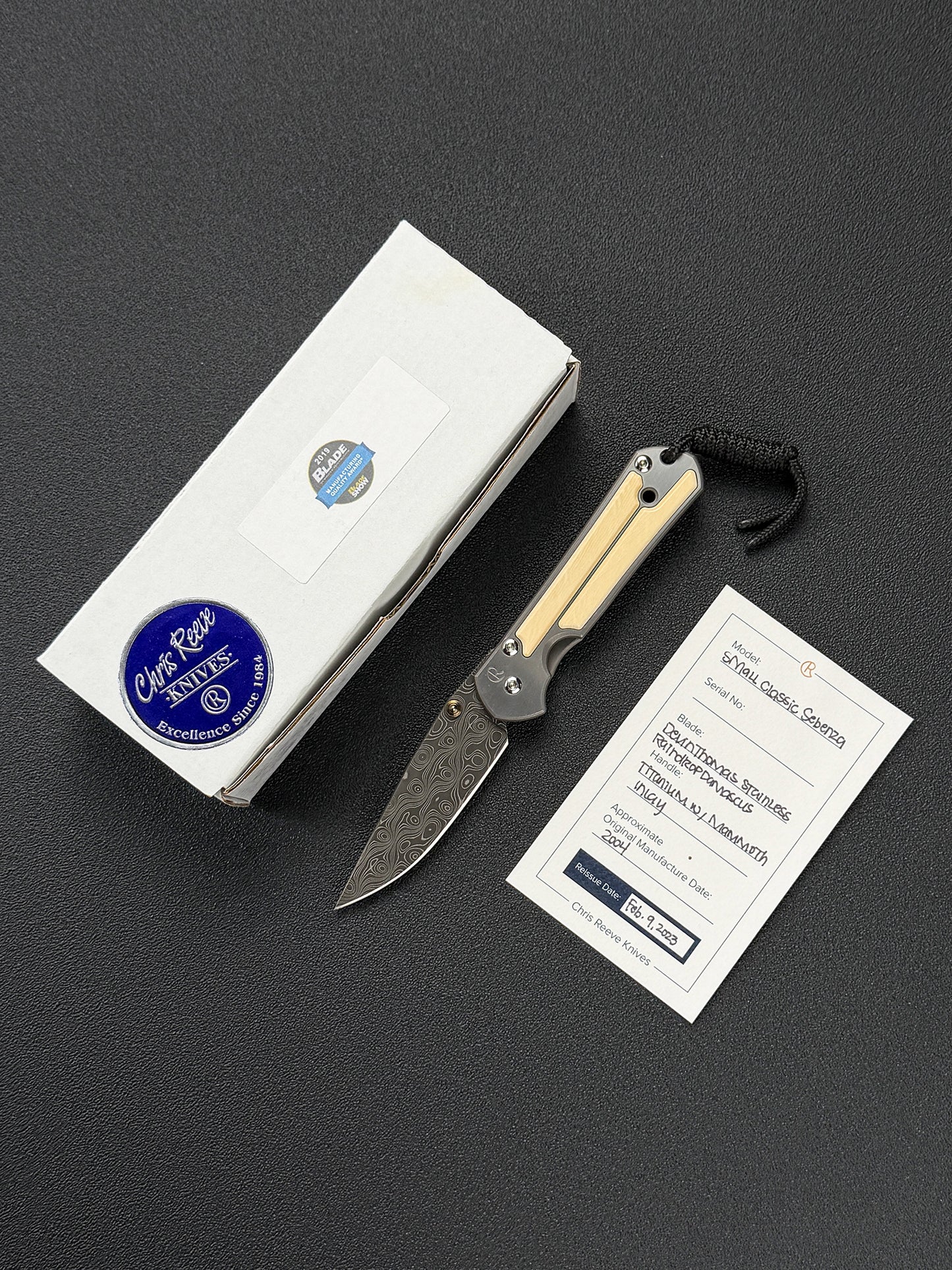 Chris Reeve Knives Small Classic Sebenza Raindrop Damascus Mammoth Ivory Inlay 2004 Model