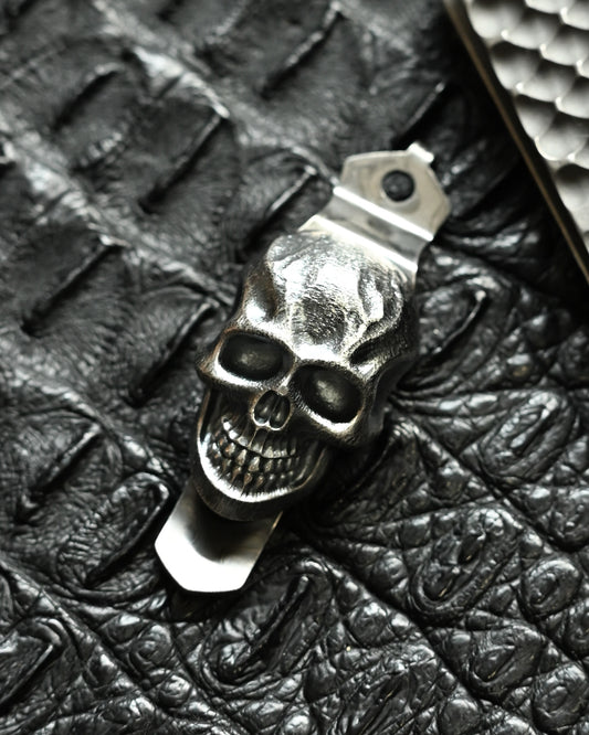 Steel Flame × Starlingear × Strider Triple Collaboration Pocket Clip – Stainless Steel XL / 925 Silver Dark Skull Inlay