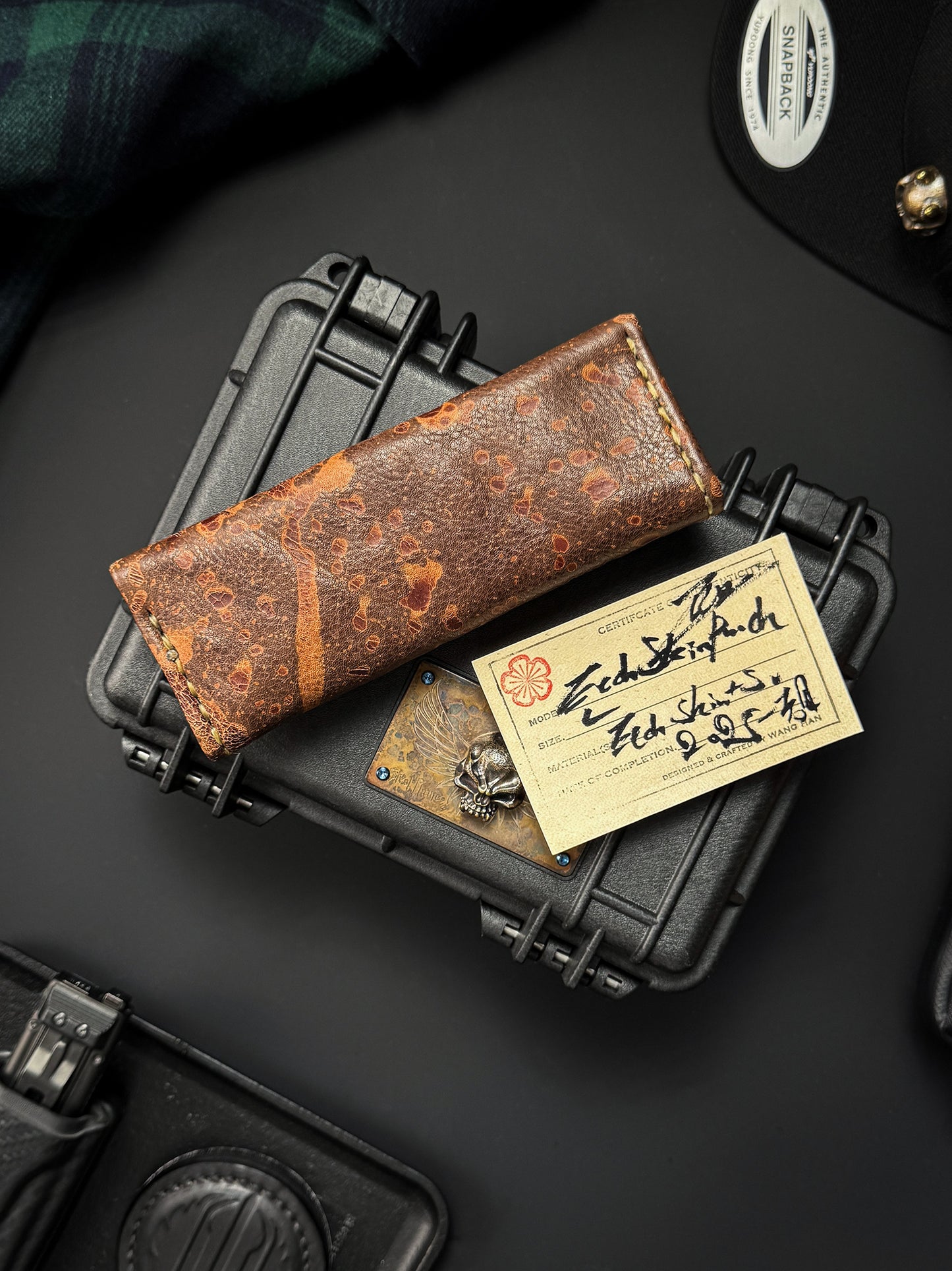 Wtopia Handmade Knife Pouch – Acid-Washed Leather|One-Off Japanese Made with Skull & Apricot Blossom Detail