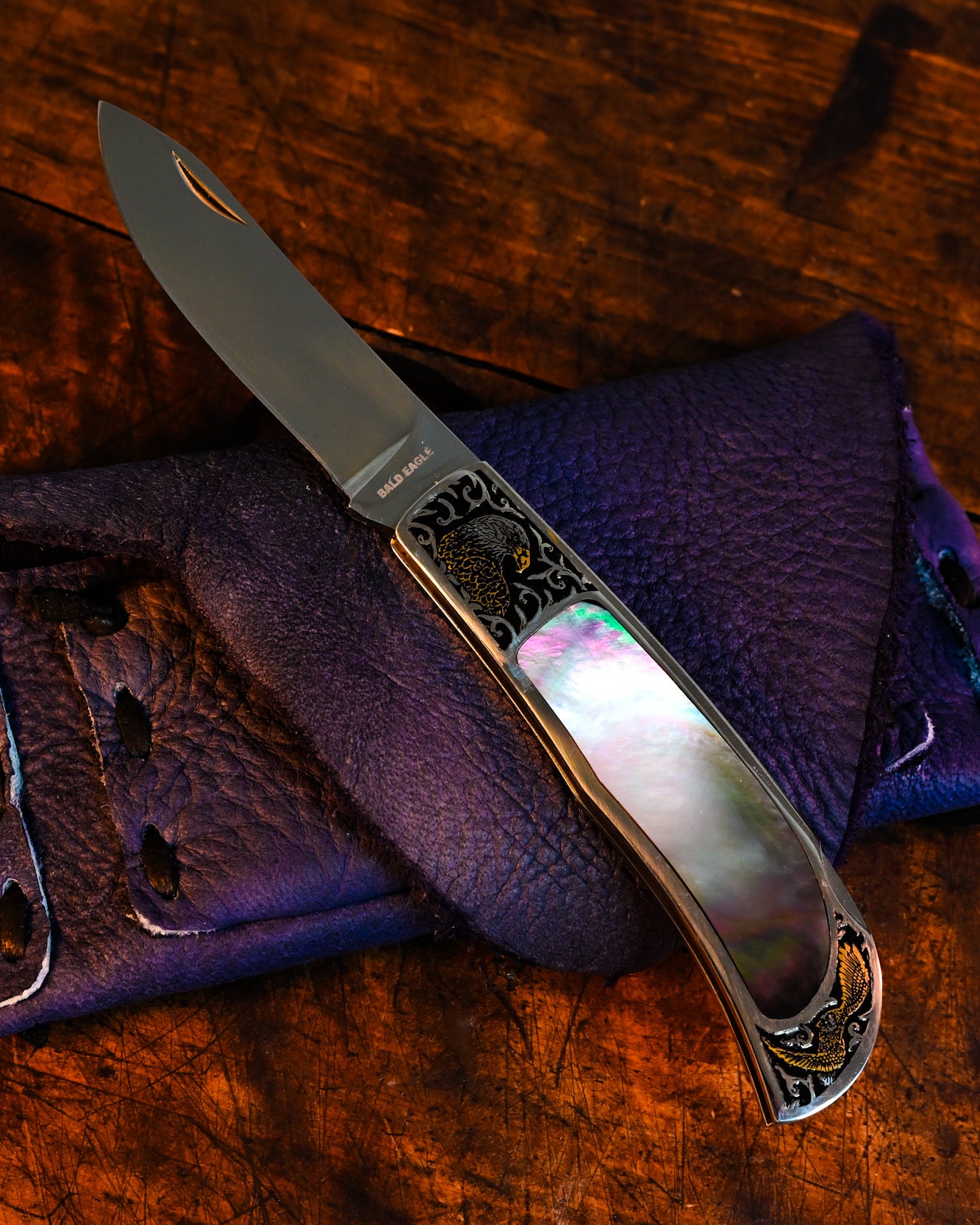 Japanese Handmade Folding Knife - Katsuhiko Miura Craftsmanship, Natural Mother-of-Pearl Inlay & Engraved Eagle Design, Back Lock
