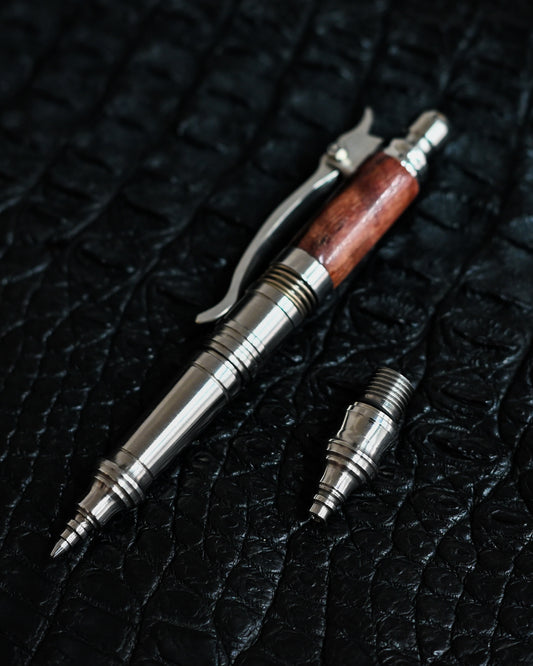Nakayama Hidetoshi Handmade Tactical Pen Set – Stainless Steel × Burlwood (Modular Long & Short Config)