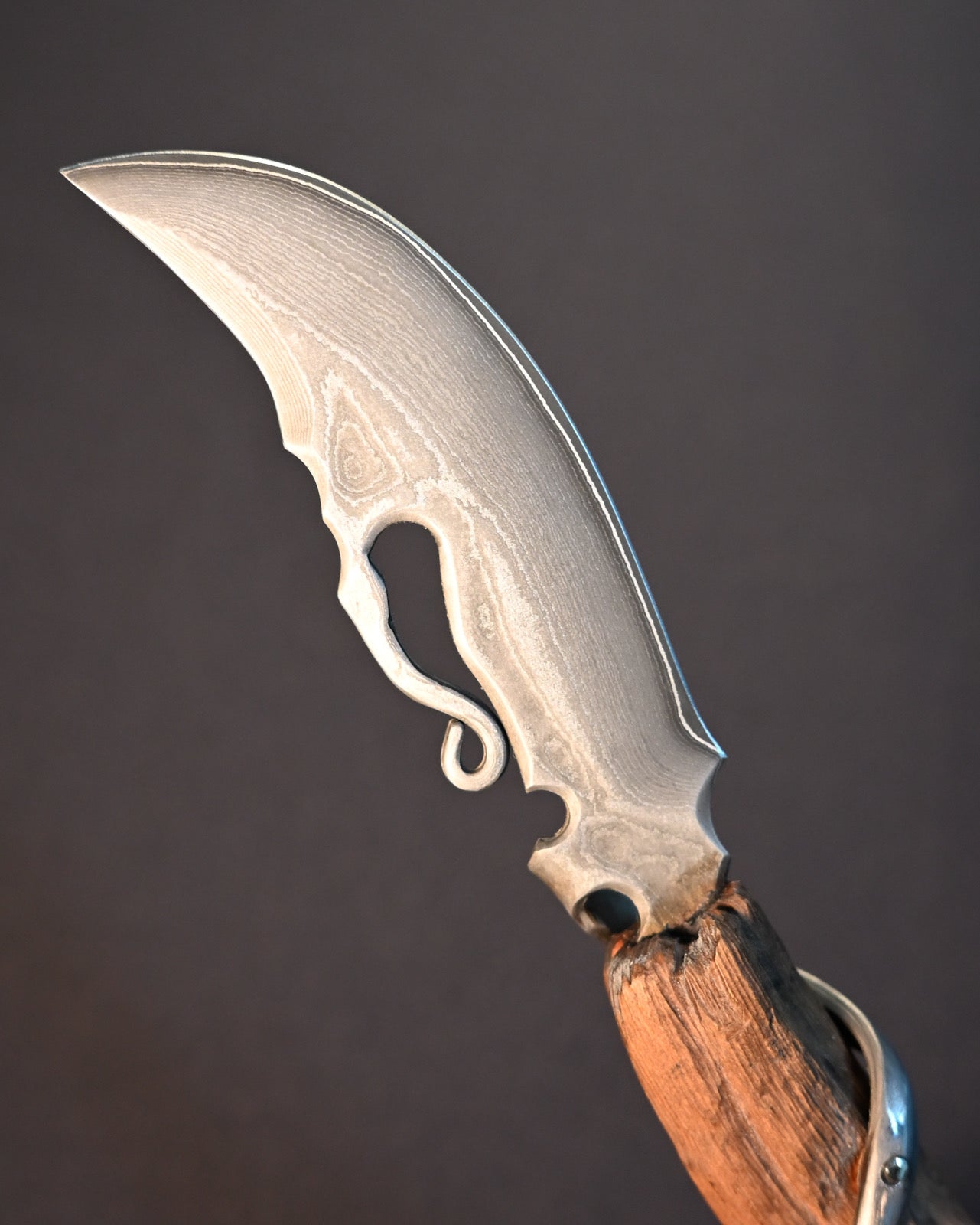 Nakayama Hideotoshi Handmade Art Knife – Damascus Steel x Boxwood Carved Withered Lotus Handle