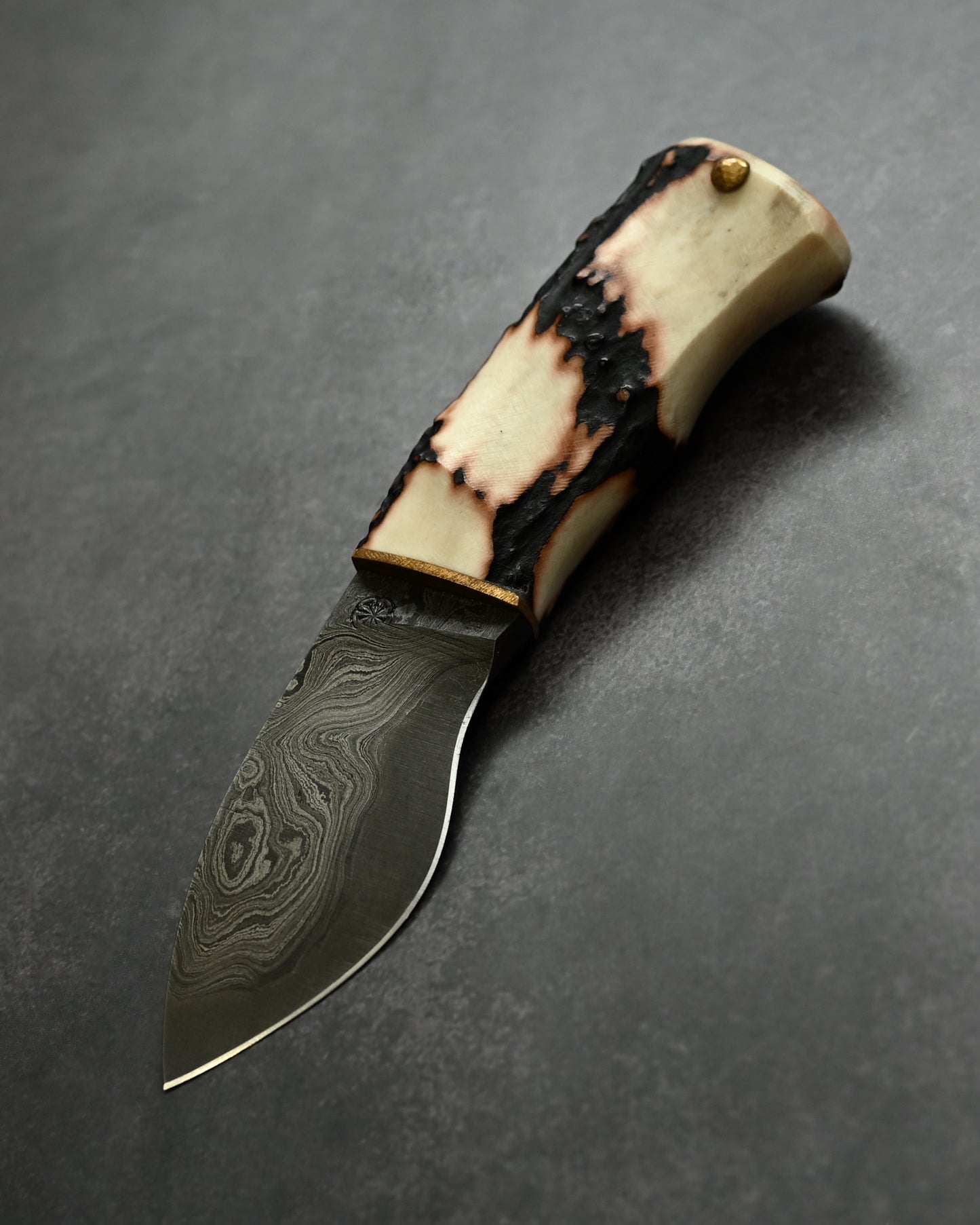 Wtopia Petty Camp – Handmade Japanese Damascus Knife with Antler Handle & Leather Sheath