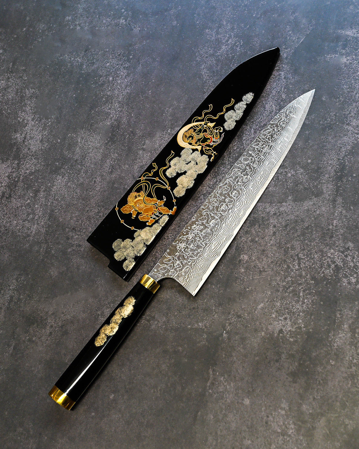 佐治武士 ダマスカス包丁 250mm 和柄 漆蒔絵鞘付き 手打ち包丁 – 三泉商店