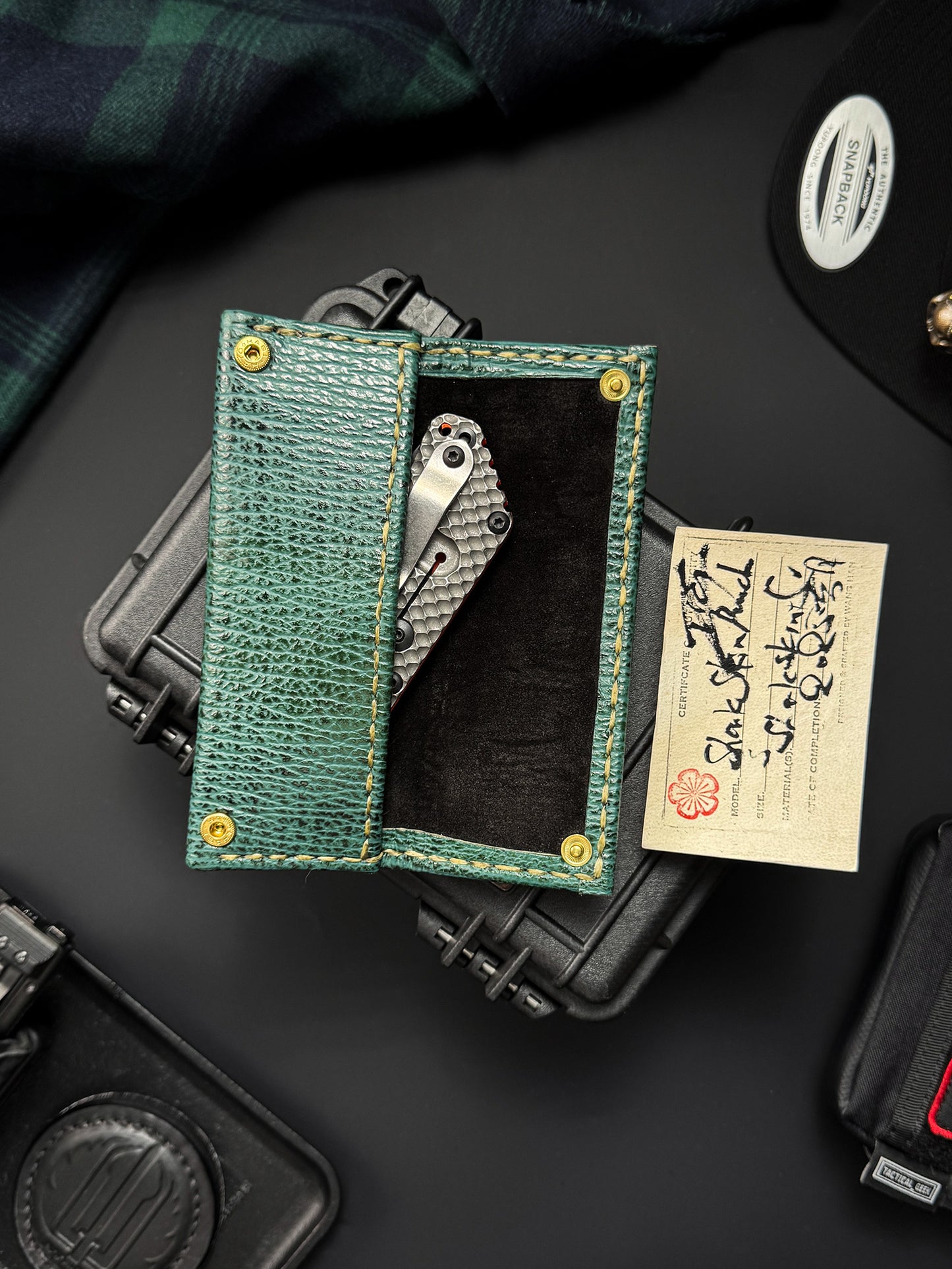 Wtopia Handmade Sharkskin Knife Pouch|One-Off Japanese Made with Skull & Apricot Blossom Snap