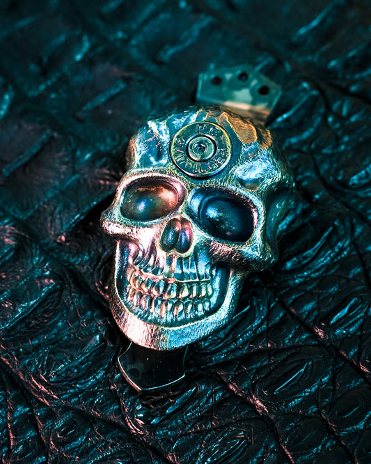 Steel Flame Dark Gun Slinger XXXL Skull Pocket Clip – Bronze & 9mm Luger, Triple-Hole Clip