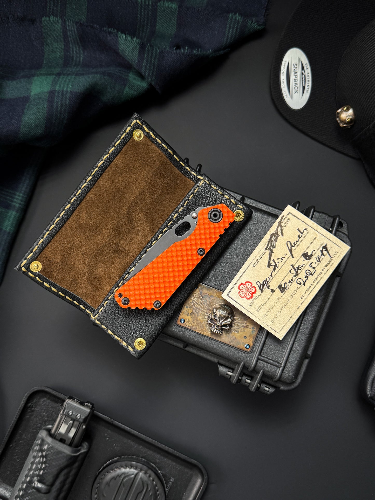 Wtopia Handmade Knife Pouch – Aomori Black Bear Leather|One-Off Japanese Made with Twin Brass Ginkgo Snaps