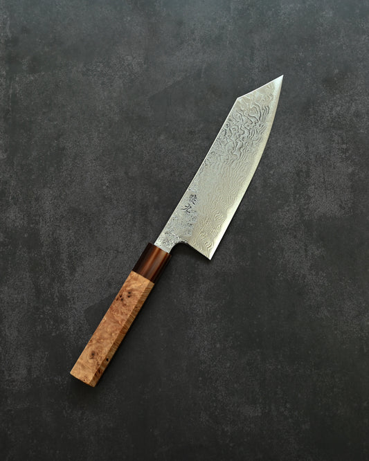 Saruku Homura-Un Santoku Knife 180mm Japanese Kitchen Knife SPG2 Damascus  Burl Wood Handle  Buffalo Horn Ferrule