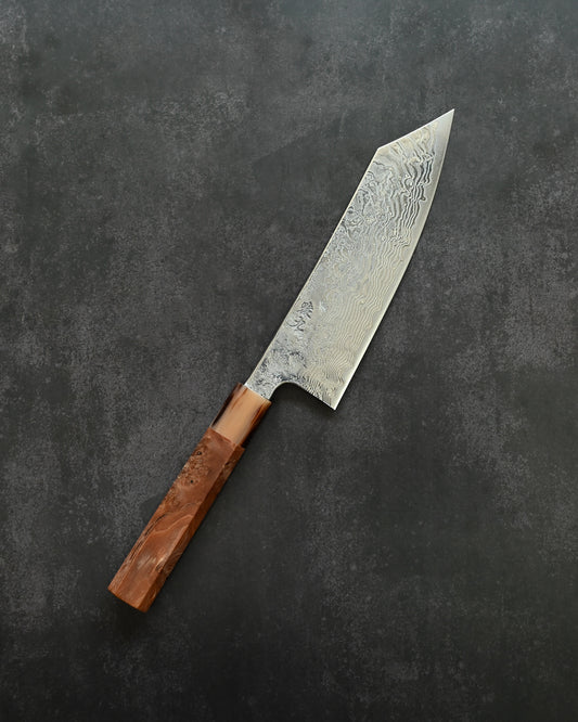 Saruku Homura-Un Santoku Knife 180mm Japanese Kitchen Knife SPG2 Damascus  Burl Wood Handle  Buffalo Horn Ferrule