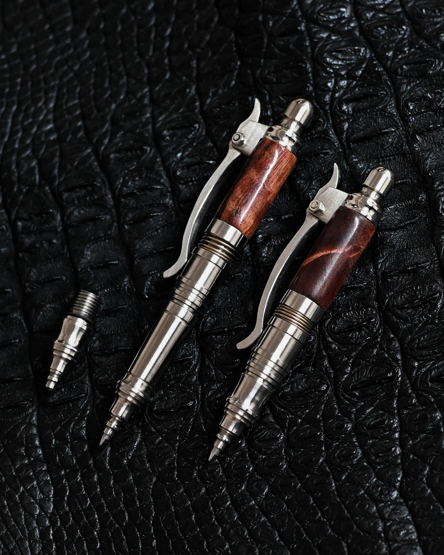 Nakayama Hidetoshi Handmade Tactical Pen Set – Stainless Steel × Burlwood (Modular Long & Short Config)