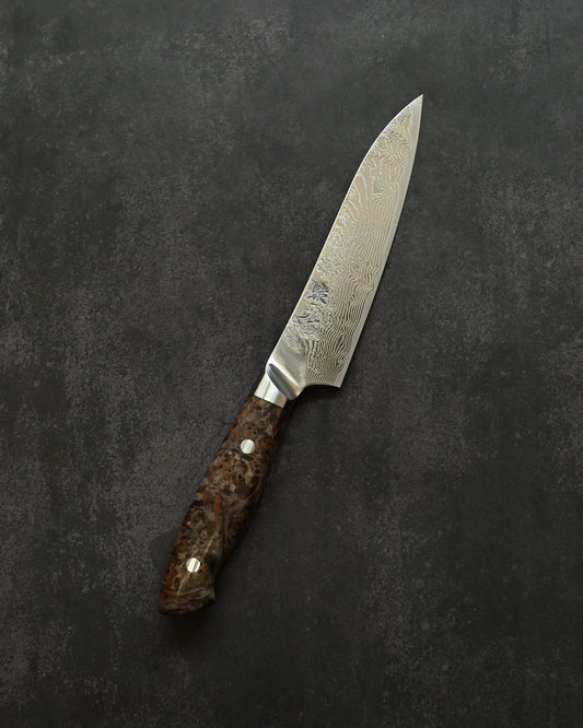 Saruku Atsumori Santoku Petty Knife 135mm Japanese Kitchen Knife SPG2 Damascus  Burl Wood Handle