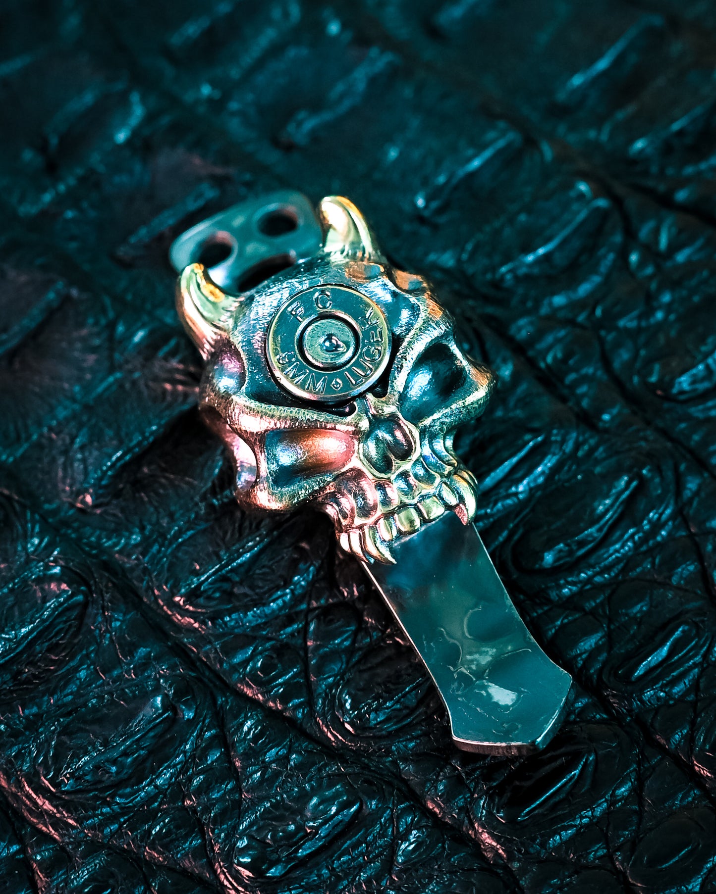 Steel Flame XL Bronze Warrior Demon Skull Pocket Clip – 9mm Luger Casing Inlay