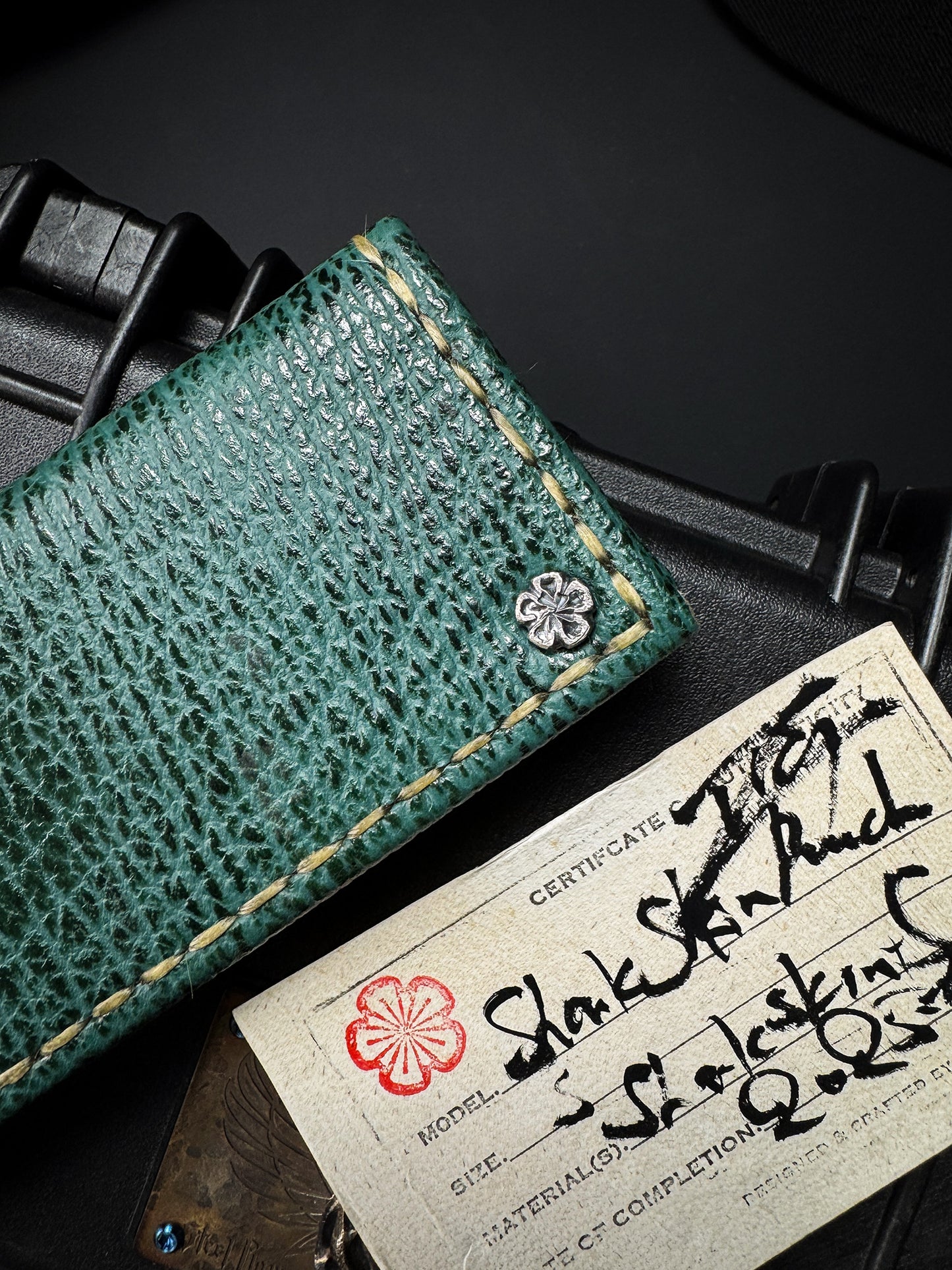 Wtopia Handmade Sharkskin Knife Pouch|One-Off Japanese Made with Skull & Apricot Blossom Snap