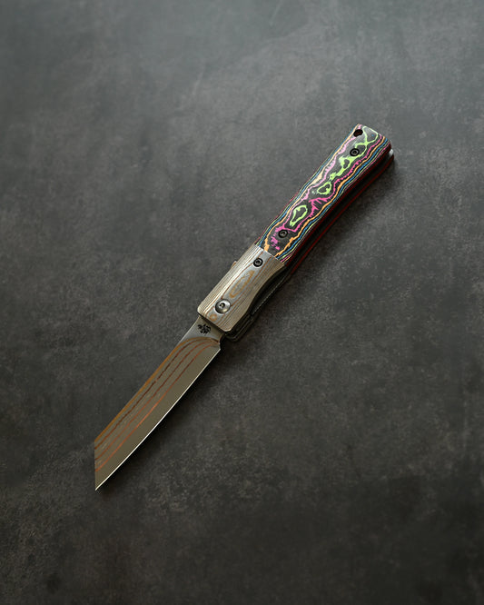 Haoworks Design Eirou  (Shadow Wolf) SG2 Mokume Damascus Folding Knife  Neon Lava Handle