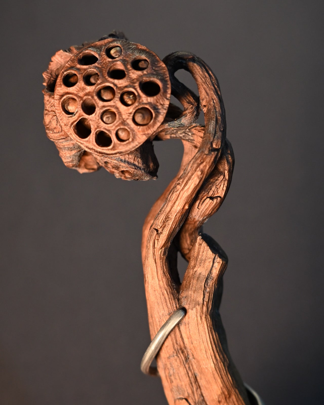 Nakayama Hideotoshi Handmade Art Knife – Damascus Steel x Boxwood Carved Withered Lotus Handle