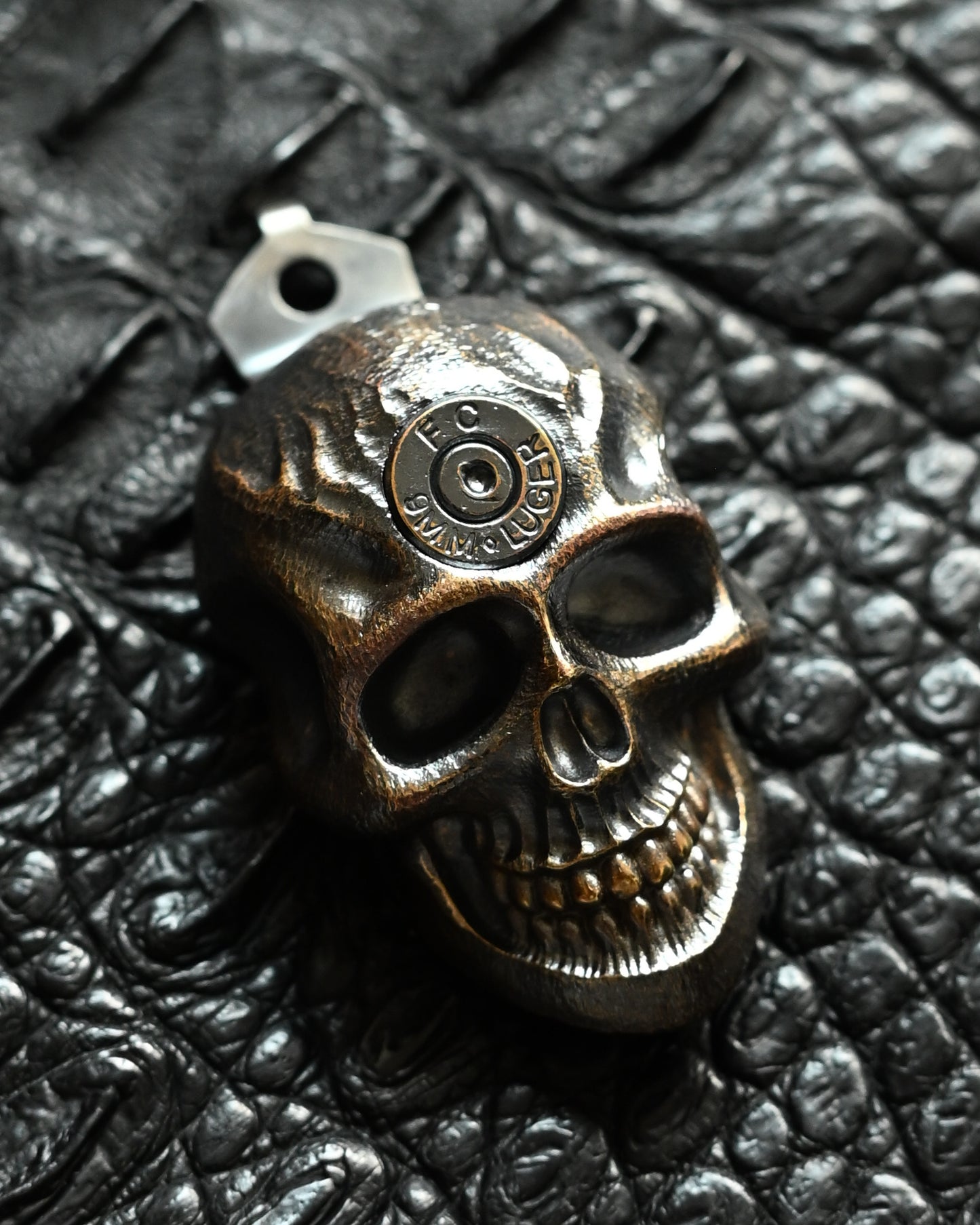 Steel Flame × Starlingear × Strider Triple Collaboration Pocket Clip – Stainless Steel / Bronze Dark Skull Inlay XXXXL/ FC 9mm・LUGER Top Decoration