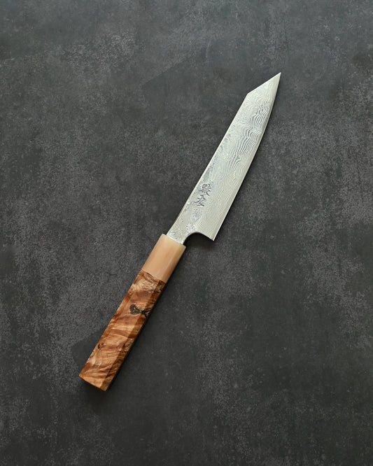 Saruku Homura-Un Petty Knife 135mm Japanese Kitchen Knife SPG2 Damascus  Burl Wood Handle  Buffalo Horn Ferrule