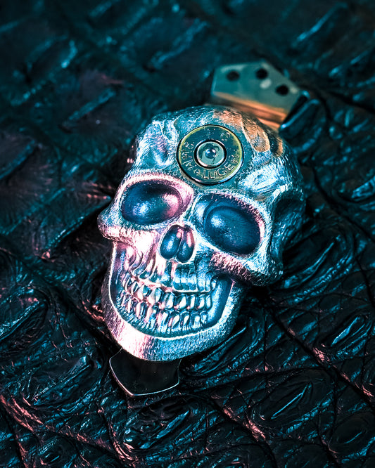 Steel Flame Dark Gun Slinger XXXL Skull Pocket Clip – 925 Silver & 9mm Luger, Triple-Hole Clip