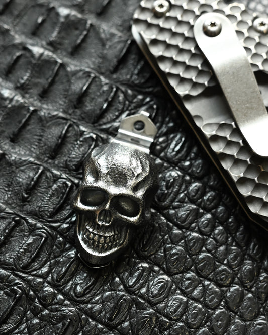 Steel Flame × Starlingear × Strider Triple Collaboration Pocket Clip – Stainless Steel XXXL / 925 Silver Dark Skull Inlay