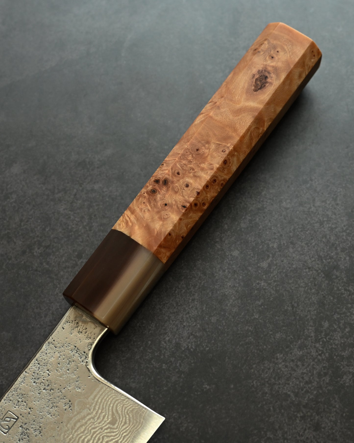 Saruku Homura-Un Santoku Knife 180mm Japanese Kitchen Knife SPG2 Damascus Burl Wood Handle Buffalo Horn Ferrule