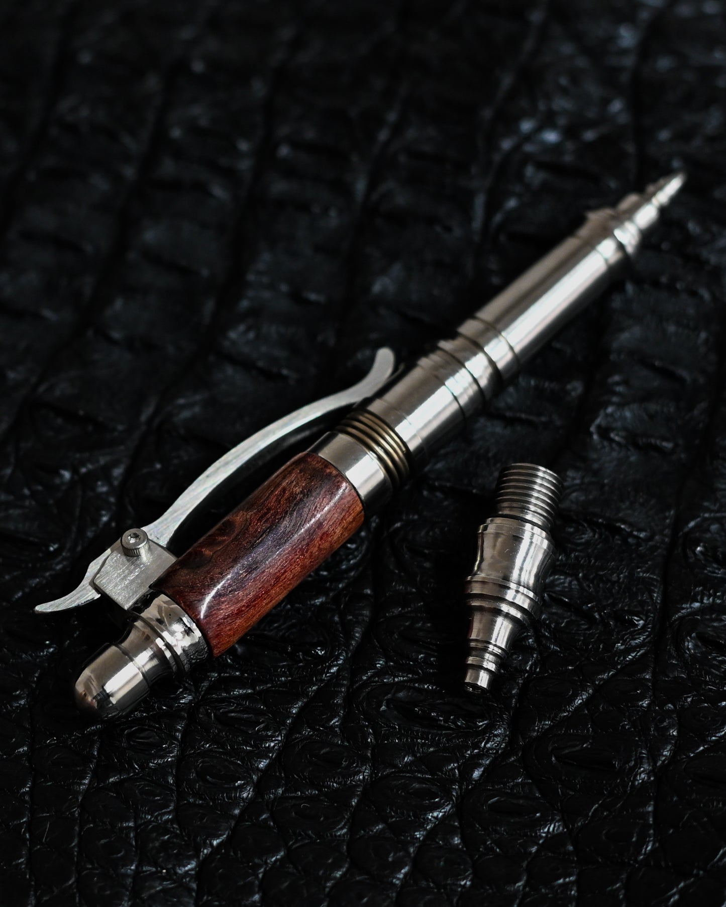 Nakayama Hidetoshi Handmade Tactical Pen Set – Stainless Steel × Burlwood (Modular Long & Short Config)