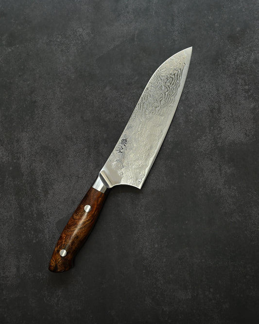 Saruku Atsumori Santoku Knife 180mm Japanese Kitchen Knife SPG2 Damascus  Ironwood Handle