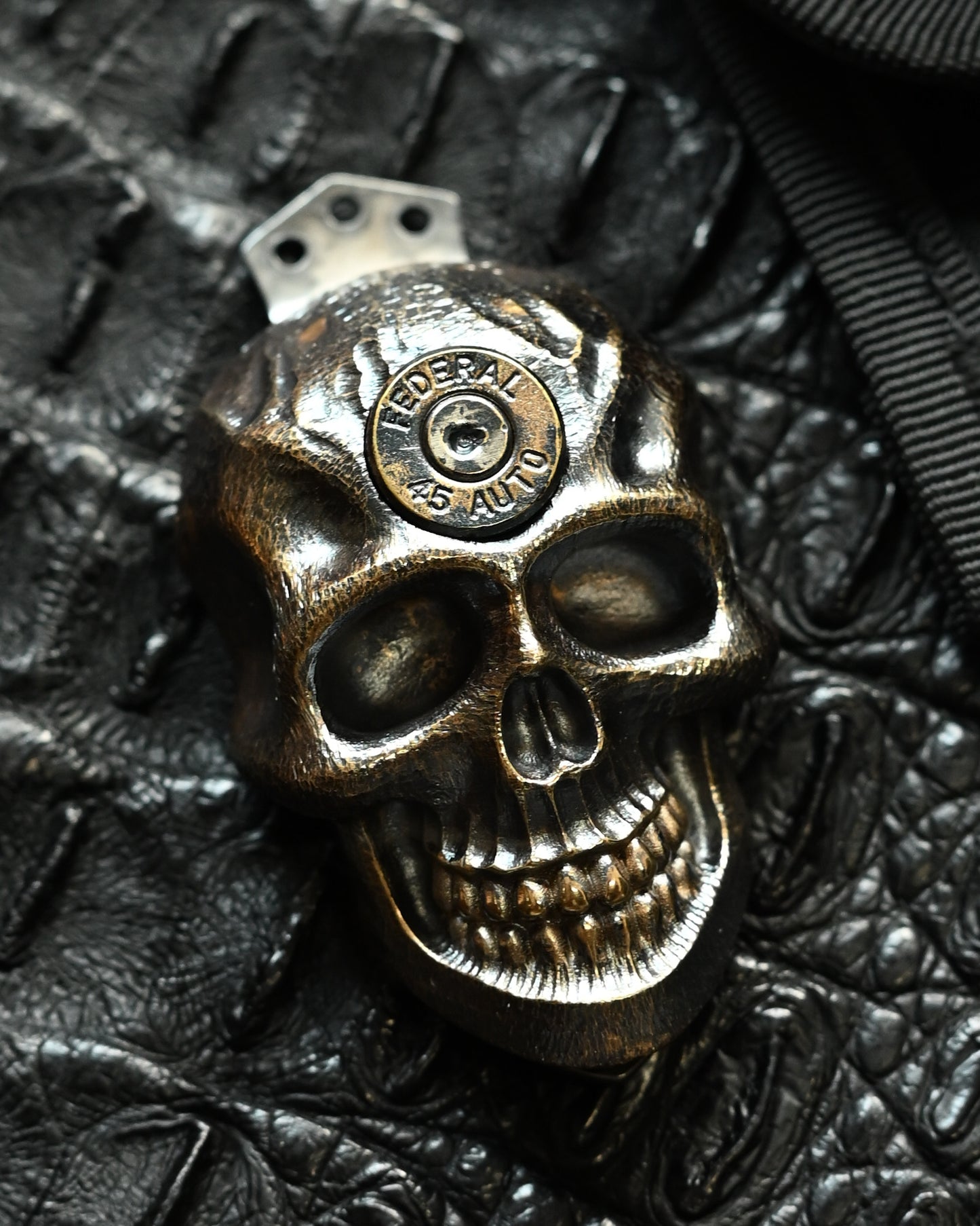 Steel Flame Dark Goliath Gun Slinger XXXXXL Skull Pocket Clip – Bronze & Federal .45 Auto | Triple-Hole Edition