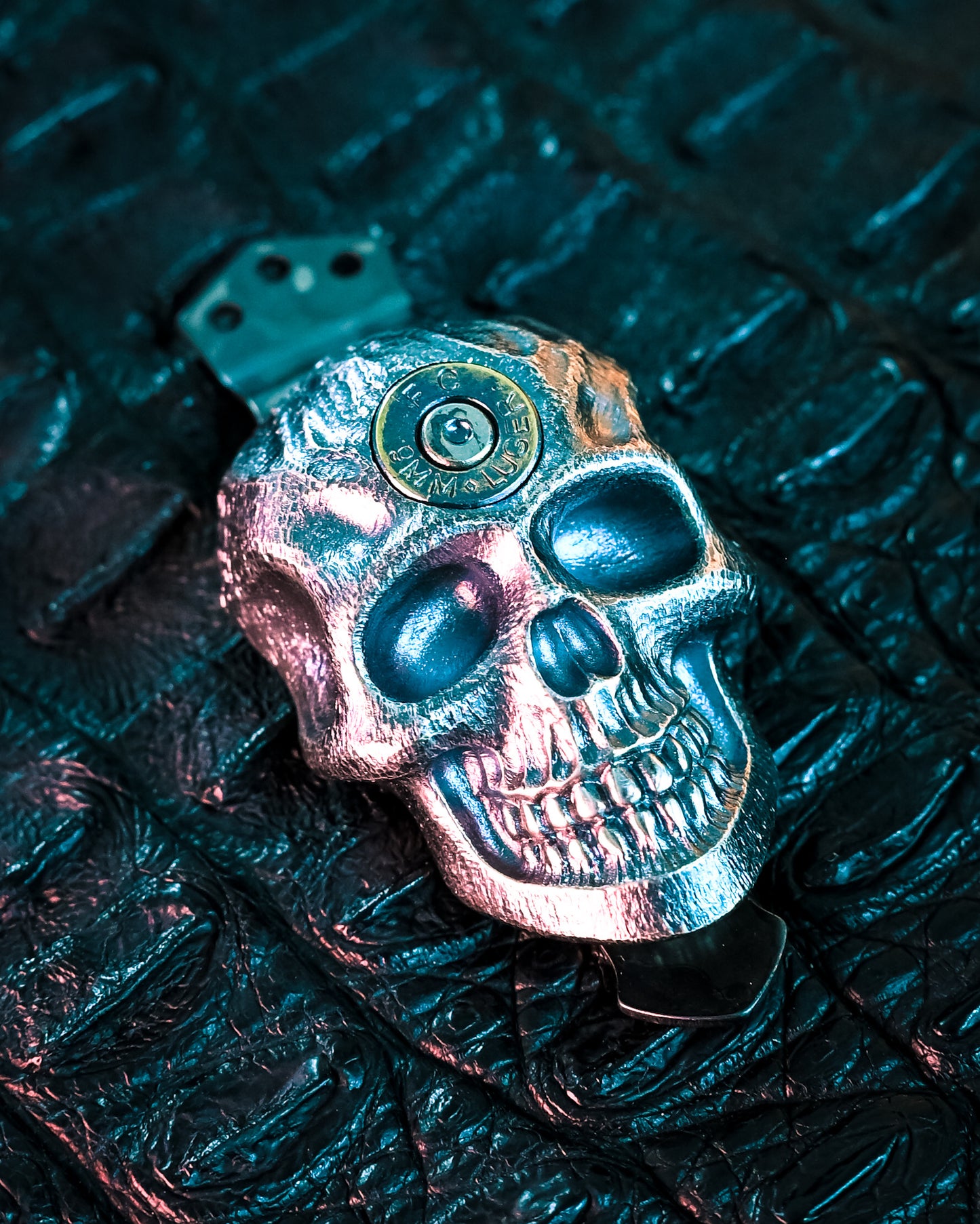Steel Flame Dark Gun Slinger XXXL Skull Pocket Clip – 925 Silver & 9mm Luger, Triple-Hole Clip