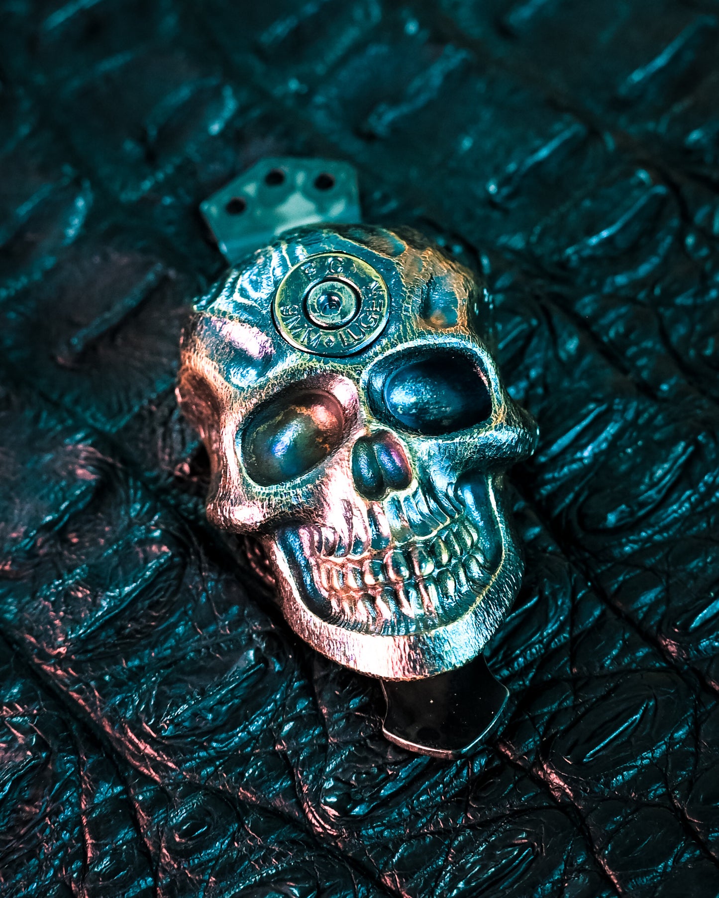 Steel Flame Dark Gun Slinger XXXL Skull Pocket Clip – Bronze & 9mm Luger, Triple-Hole Clip