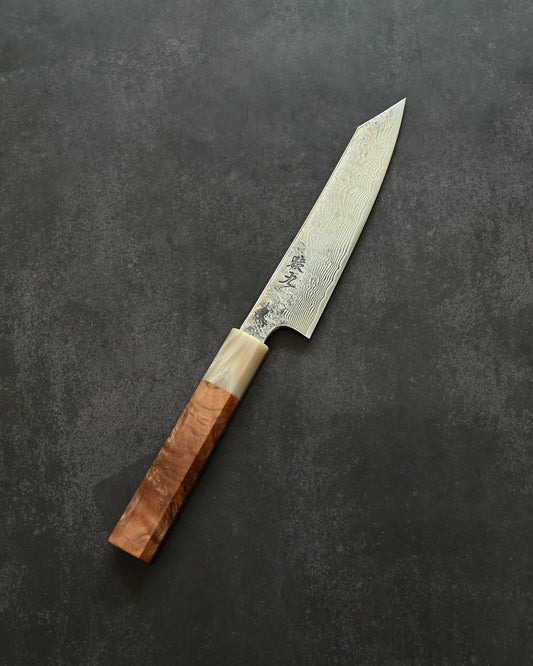 Saruku Homura-Un Petty Knife 135mm Japanese Kitchen Knife SPG2 Damascus  Burl Wood Handle  Buffalo Horn Ferrule