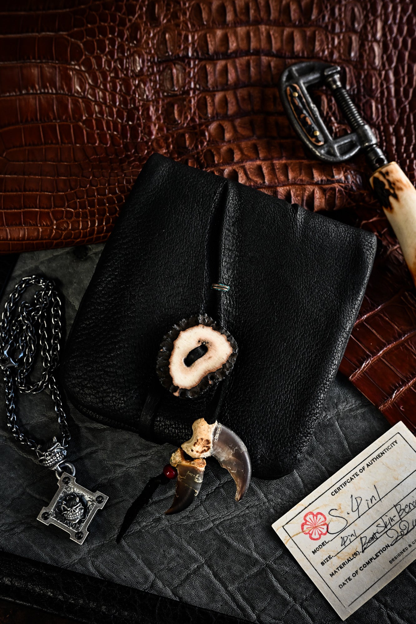 Made in Japan Wtopia One-Off Custom 4-in-1 Knife / Tool Roll Case – Bear Leather, Hokkaido Deer Antler Button, Bear Claw Charm