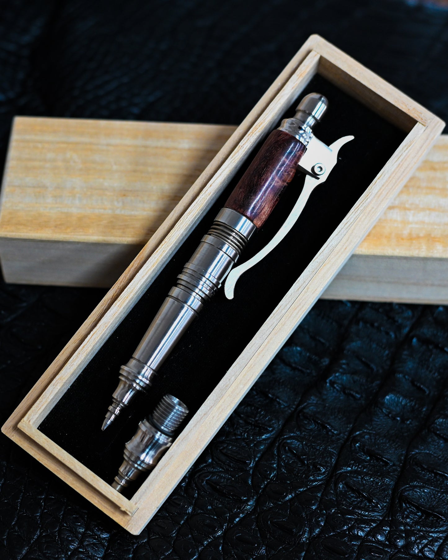 Nakayama Hidetoshi Handmade Tactical Pen Set – Stainless Steel × Burlwood (Modular Long & Short Config)