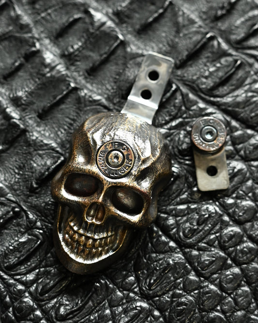 Steel Flame × Microtech Collaboration Skull Pocket Clip – Stitch Exclusive / Bronze / XXXXL / FC 9mm Luger Inlay / Limited Edition