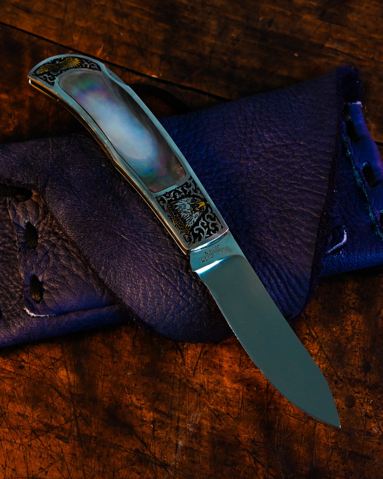 Japanese Handmade Folding Knife - Katsuhiko Miura Craftsmanship, Natural Mother-of-Pearl Inlay & Engraved Eagle Design, Back Lock