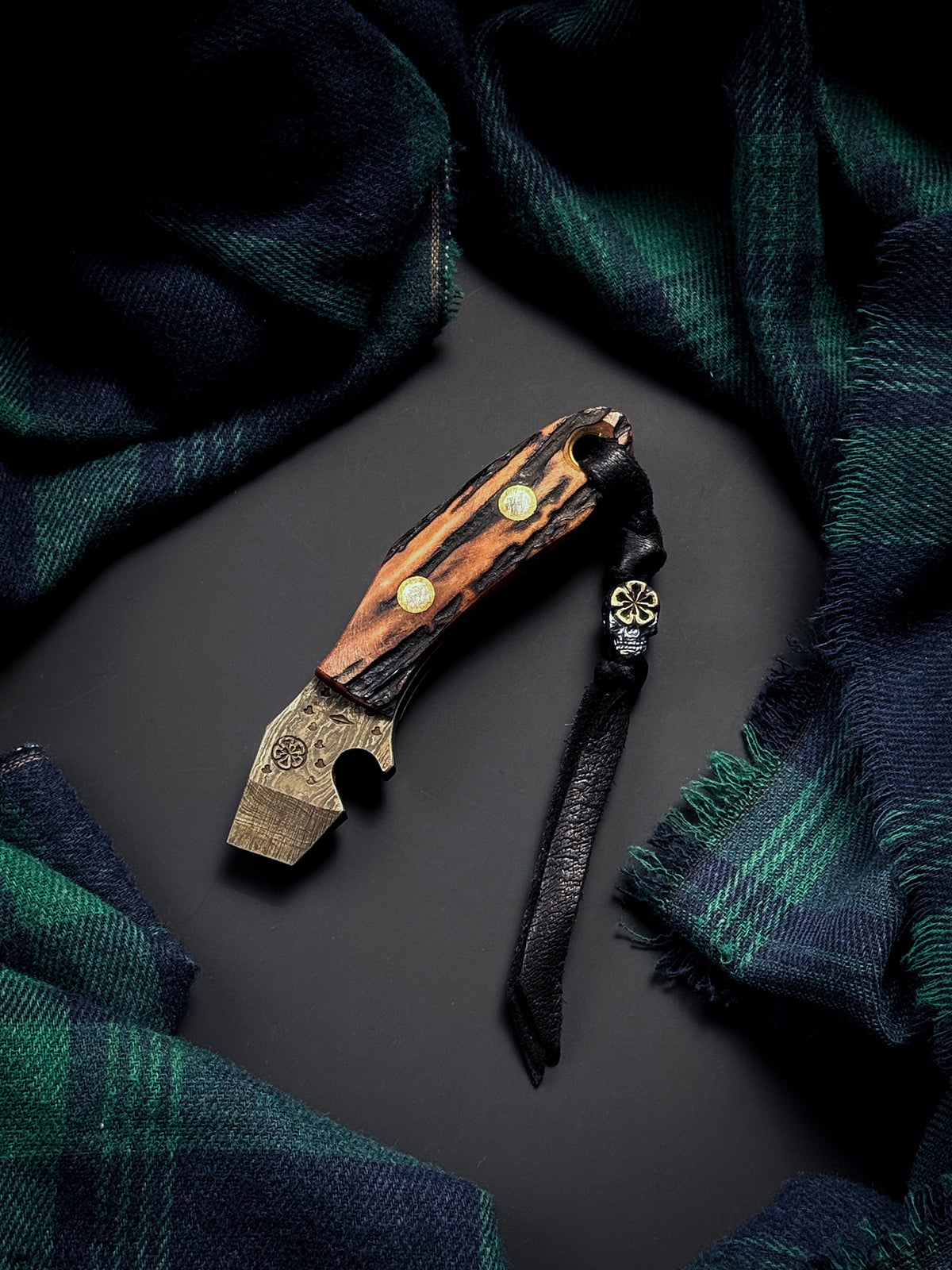 Made in Japan Wtopia One-Off Custom High-Carbon Laminated Steel EDC Pry Bar with Hokkaido Deer Antler Handle and Bronze Apricot Blossom Silver Skull Bead