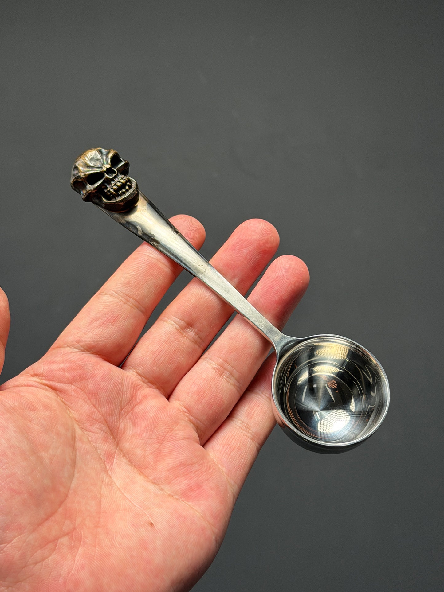 Rare Vintage Steel Flame Stainless Steel Spoon with Bronze Skull Inlay