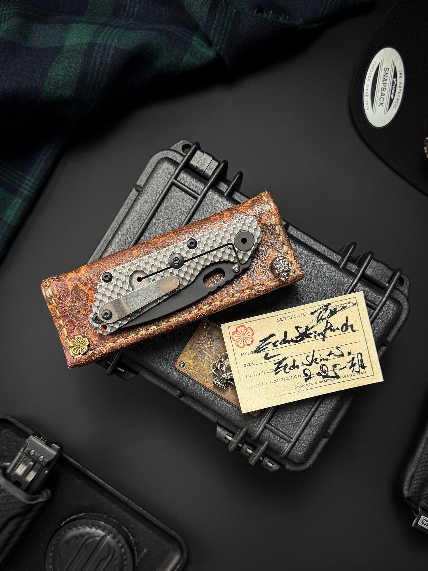 Wtopia Handmade Knife Pouch – Acid-Washed Leather|One-Off Japanese Made with Skull & Apricot Blossom Detail