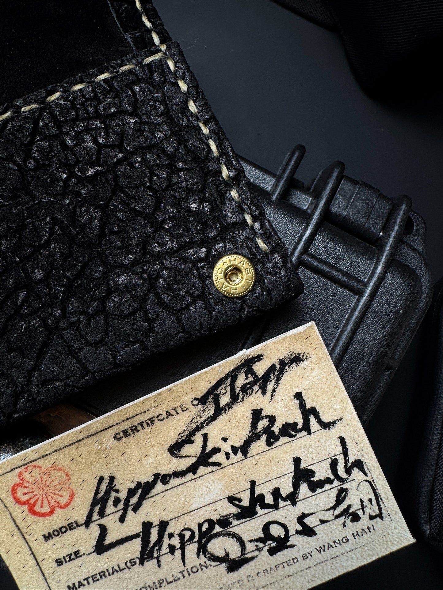 Wtopia Handmade Knife Pouch – Black Hikaku Leather|One-Off Japanese Made with Dual Skull + Apricot Blossom Snaps|Fits Strider XL / SMF