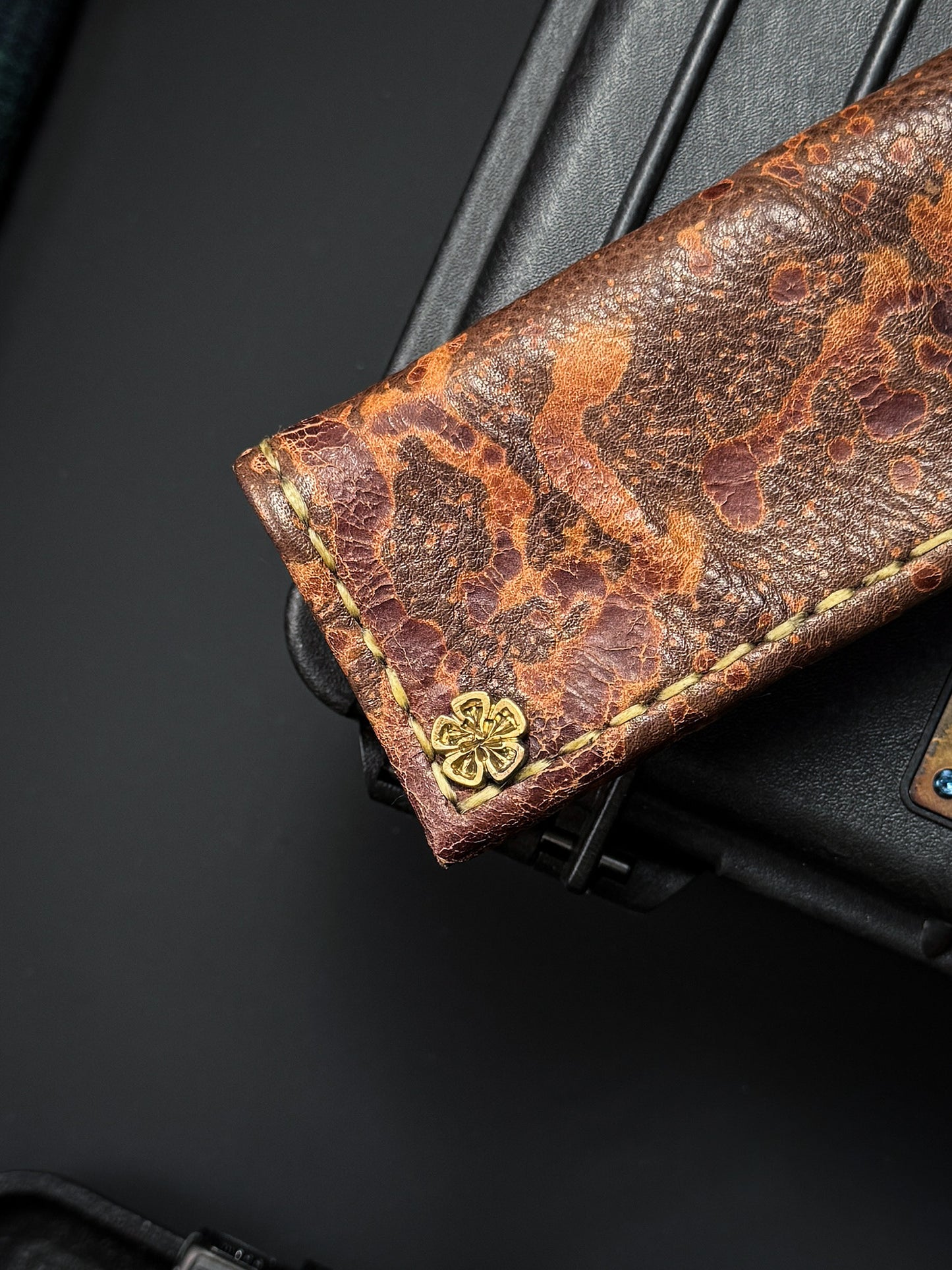 Wtopia Handmade Knife Pouch – Acid-Washed Leather|One-Off Japanese Made with Skull & Apricot Blossom Detail