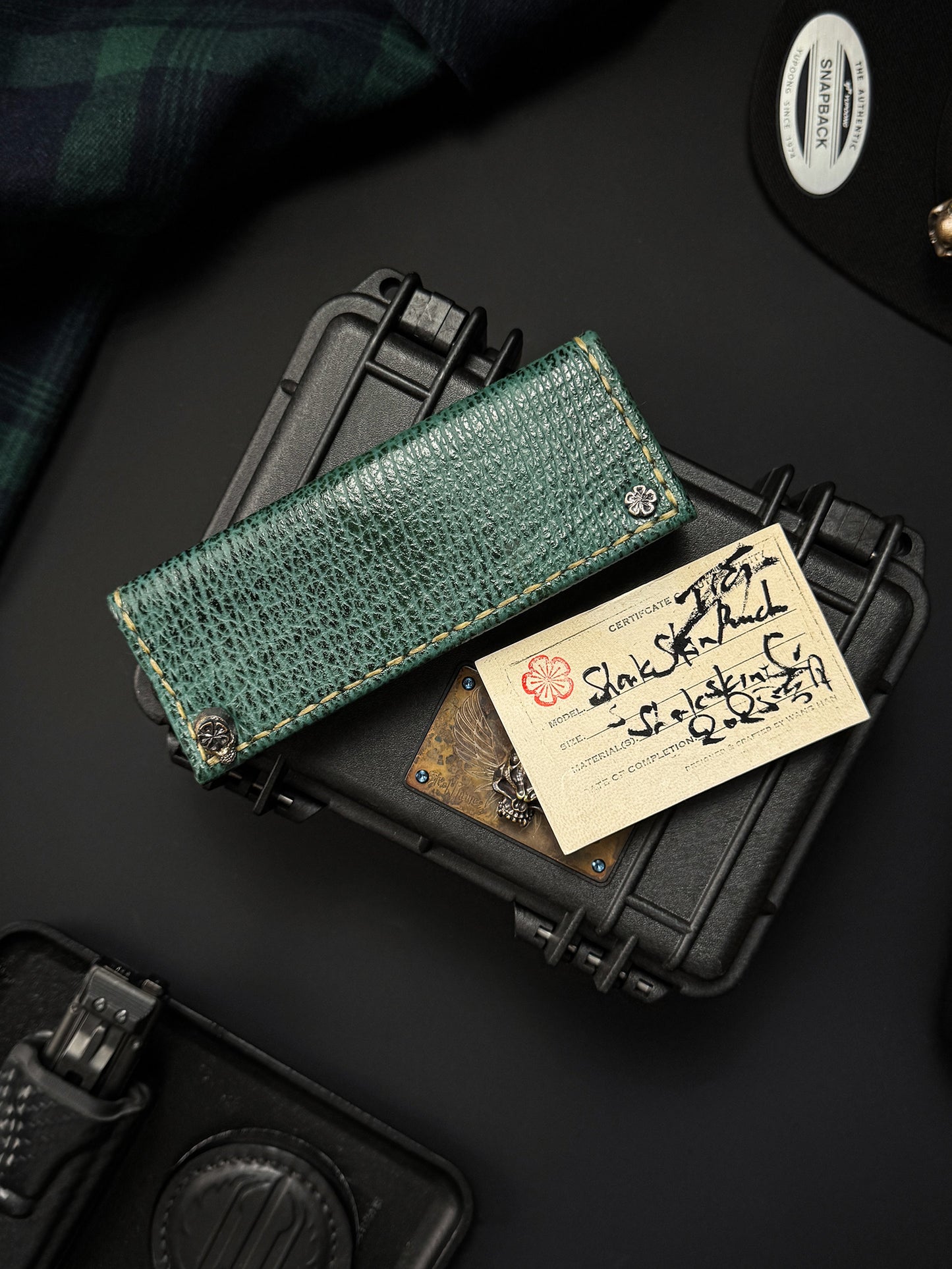 Wtopia Handmade Sharkskin Knife Pouch|One-Off Japanese Made with Skull & Apricot Blossom Snap